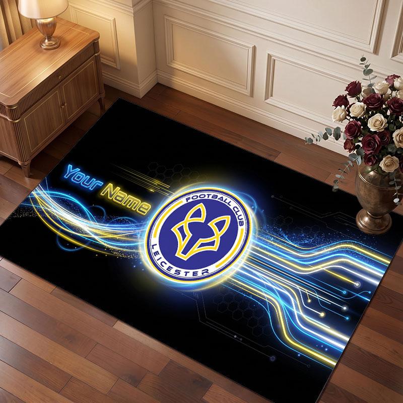 Leicester City Custom Crystal Velvet Rug, Personalized Name Text Print, Football Logo Soft Non‑Slip Floor Mat Home Decor Gift