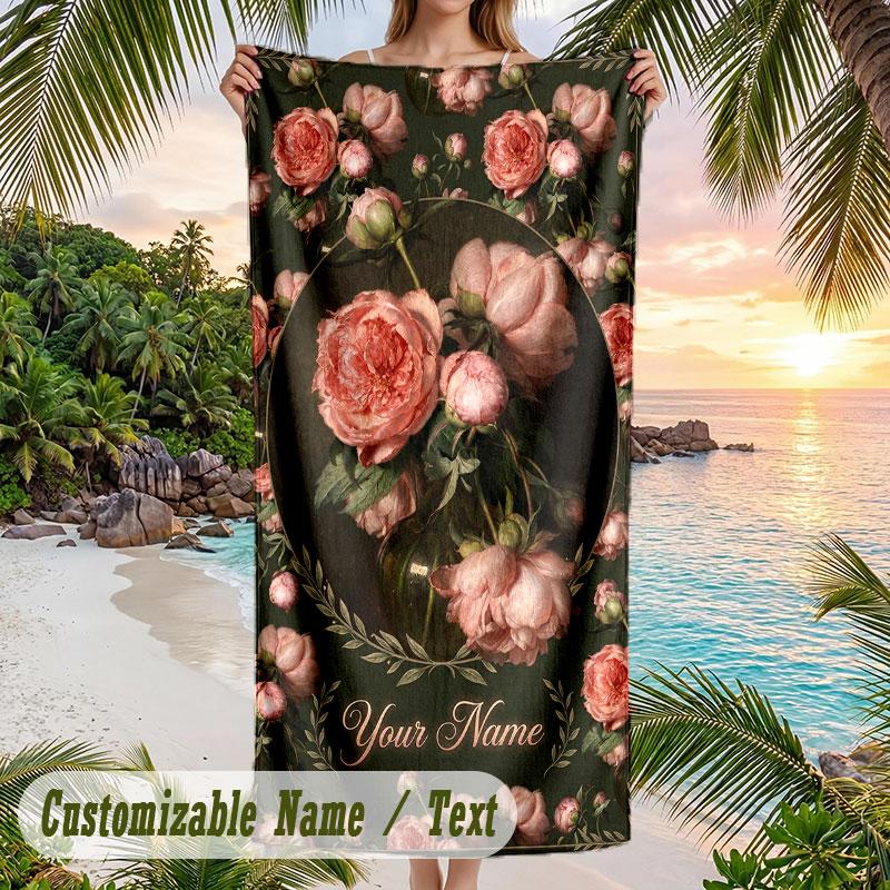 Floral Elegance 11 Theme Quick Dry Beach Towel Custom Name Text Print Large Sand Resistant Towel Beach Vacation