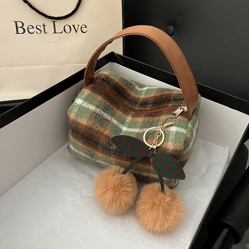 Korean Woolen Plaid Large Capacity Cosmetics Bag Women'S Portable High-Grade All-In-One Travel Portable Toiletry Bag