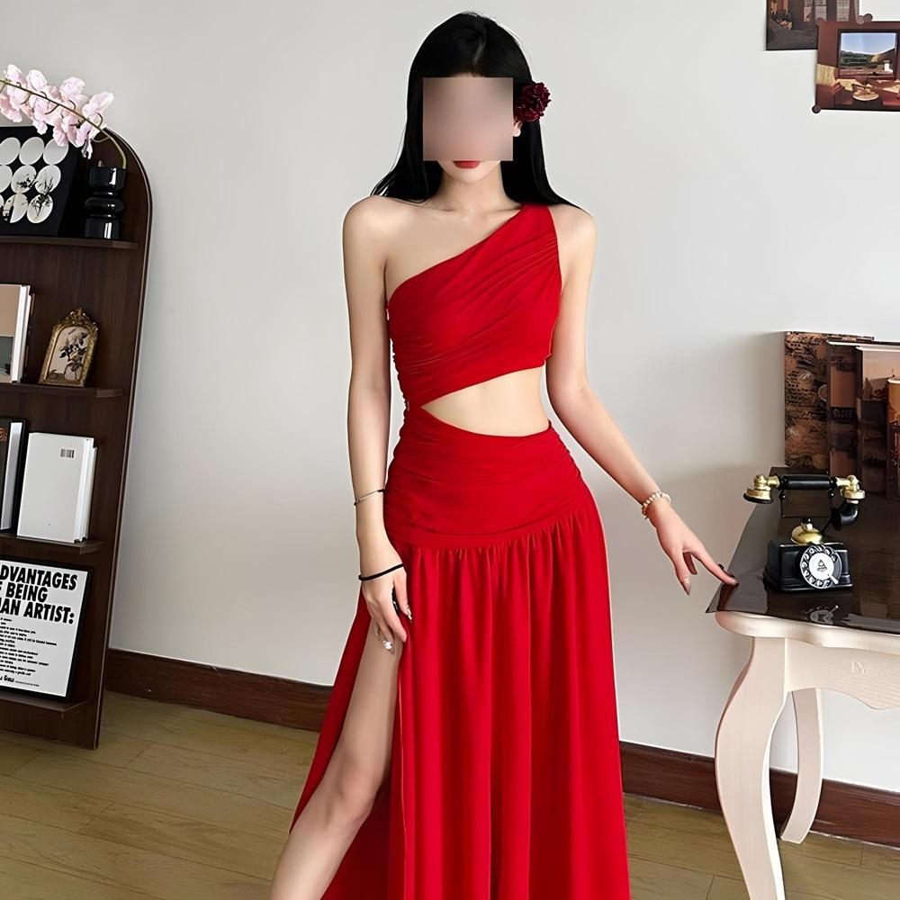 

Летнее новое романтичное платье с неровным темпераментом, женское, с талией и тонкое, с косым плечом, с сетчатой вставкой, длинное XL- (Recommended 110-60kg)