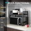 Expandable Microwave Oven Rack Countertop Stand for Kitchen Storage Carbon Steel with 3 Hooks Black
