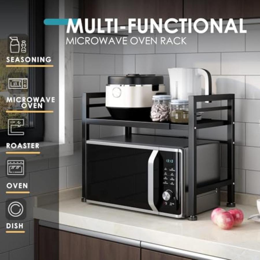 Expandable Microwave Oven Rack Countertop Stand for Kitchen Storage Carbon Steel with 3 Hooks Black
