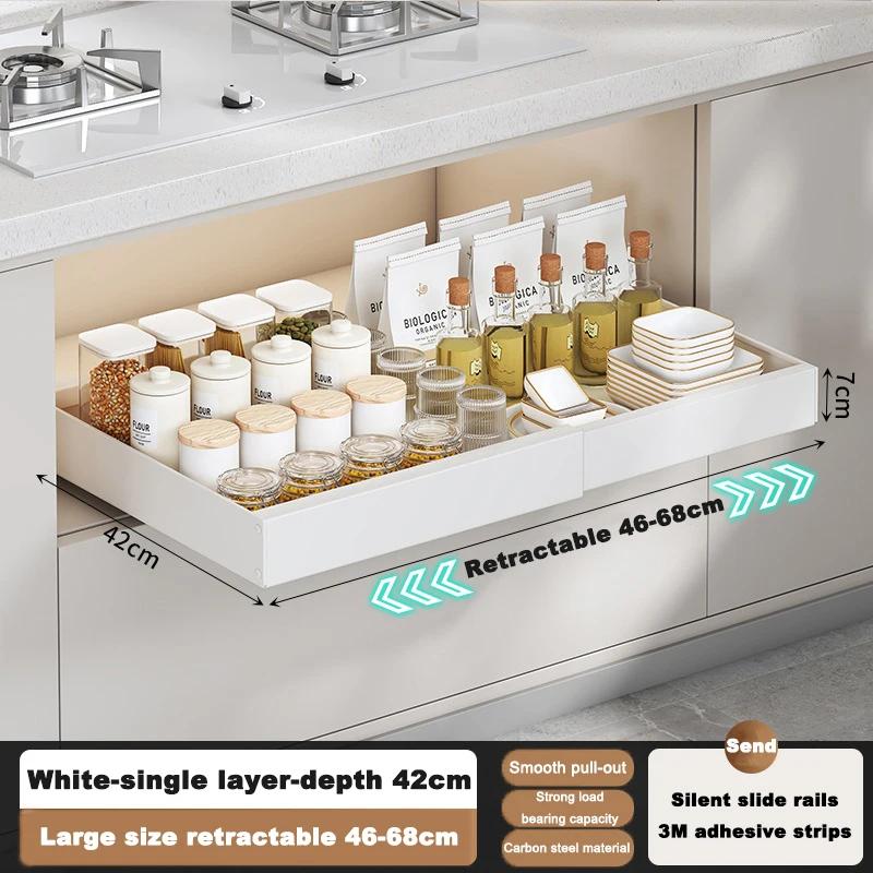 Pull Out Tray Organizer Kitchen Storage Rack Cabinet Expandable Under Sink Spice Boxes Silent Slide Drawer Style Bowl Dish Shelf