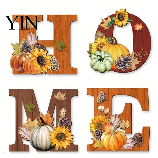 Staggered Letter Display 4PCS Wooden HOME Sign, with Wood Grain Texture Wall Decor, Split Maple Leaf Art Design, Rustic Style Hanging for Thanksgiving