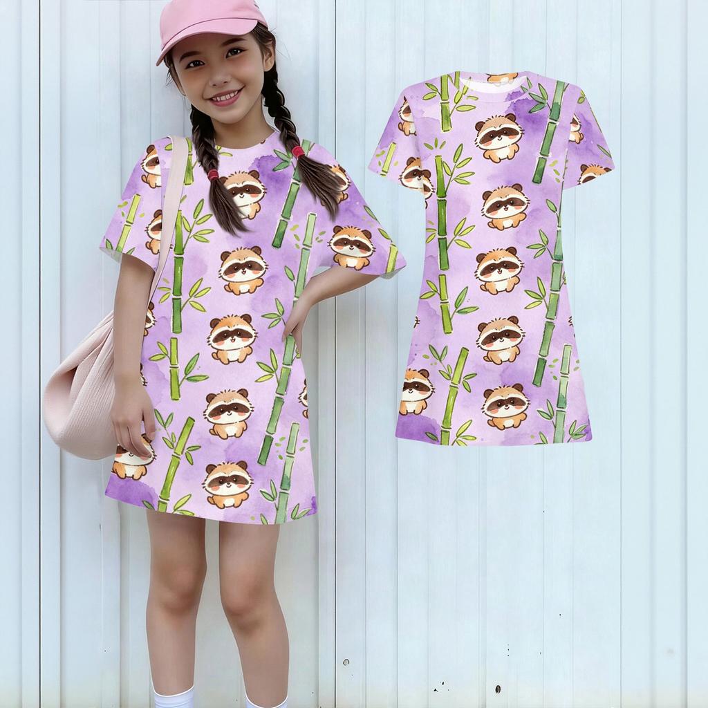 Girls Loose Fit Short Sleeve Dress Kids Casual Round Neck Lightweight Summer Dress with Animal Pattern Printed Design
