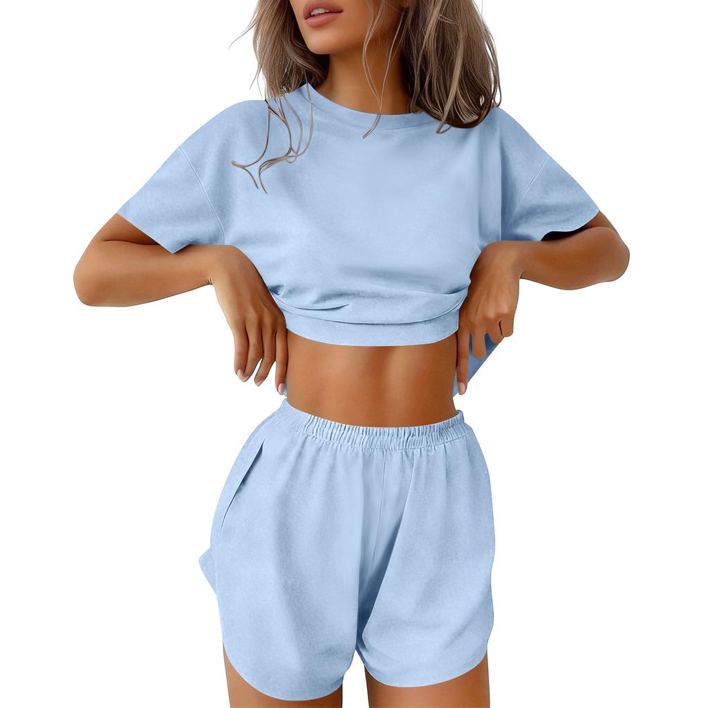 Damen-Pyjama-Set Kurzarm Gestreift Bedruckt Zweiteilig Loungewear Nacken-Pyjama Split-Shorts-Set Weiche Nachtwäsche