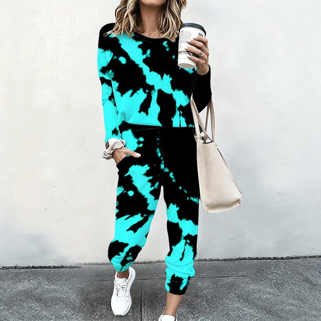 Ladies Round Neck Loose Sweatshirt And Elastic Waist Straight Trousers Two Piece Casual Home Outfit