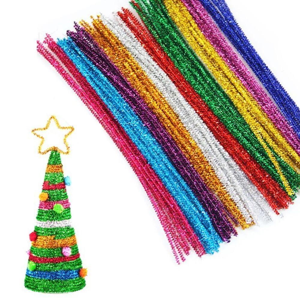 100pcs New 30cm Glitter Chenille Stems Wool Top Christmas Tinsel Stems Torsion Bar Wired Sticks