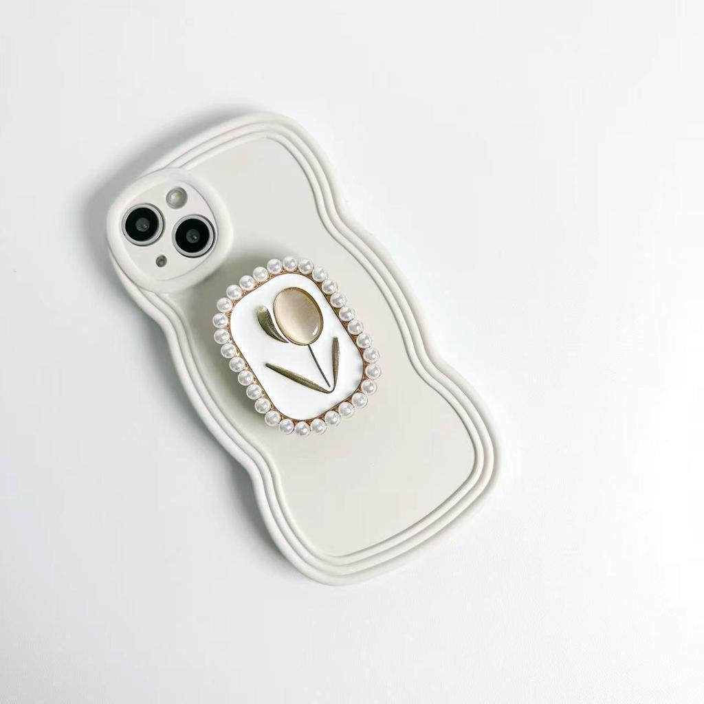 Funda para teléfono estilo palaciego con flor de perlas y soporte para iPhone 14 Pro Max / 13 Pro / 15