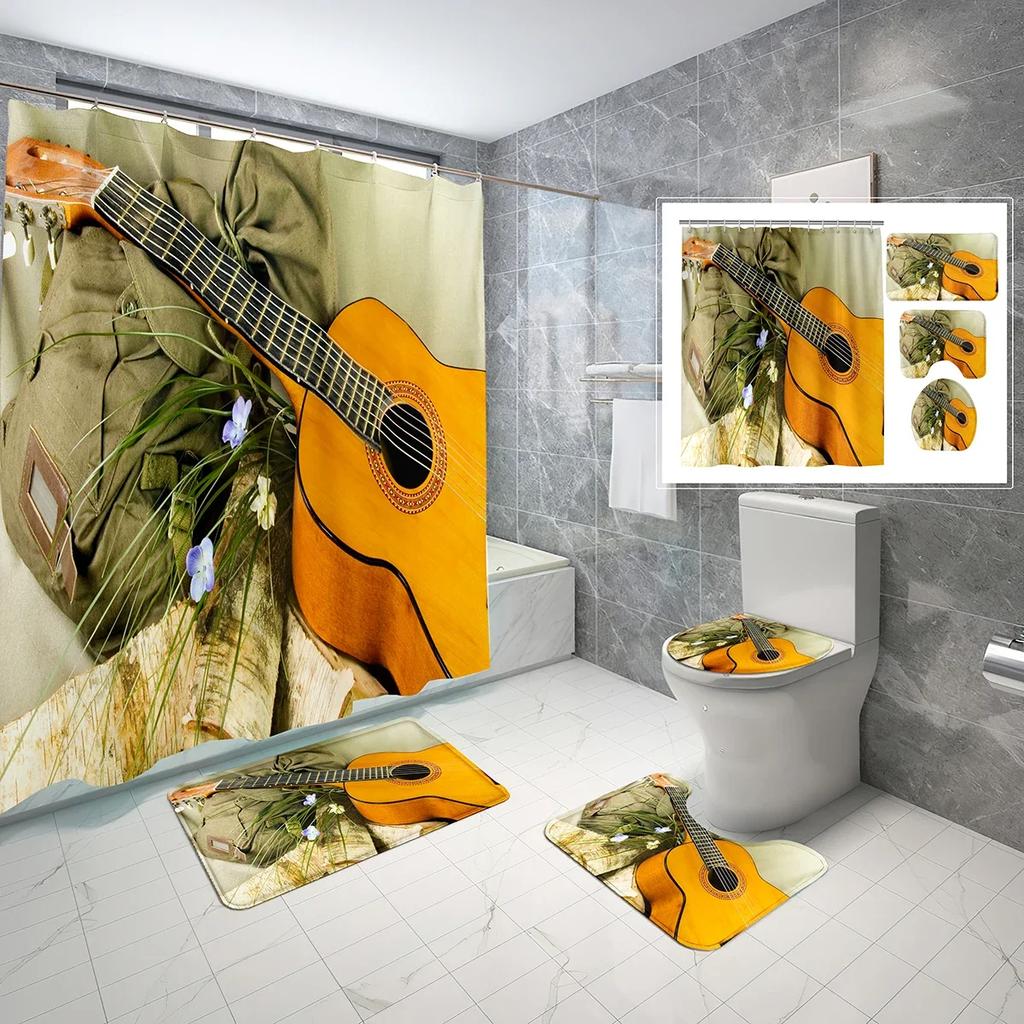 4Pcs Fire Burning Electric Guitar Shower Curtain Sets, Stone Wall Modern Bathroom Sets Waterproof,Non-Slip Bath Rugs Toilet Mat