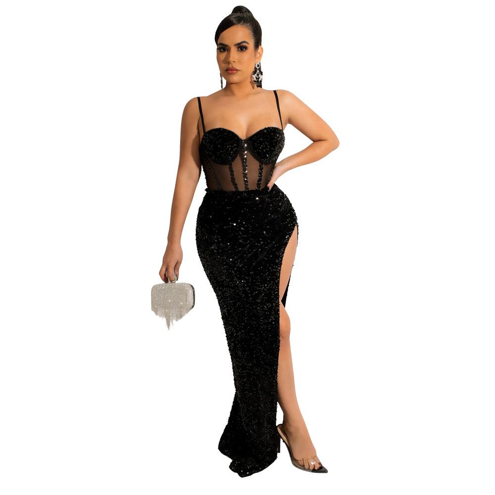 CY9181 European and American fashion sexy strap waist-cinching sheer high-slit exposed back-hugging dress