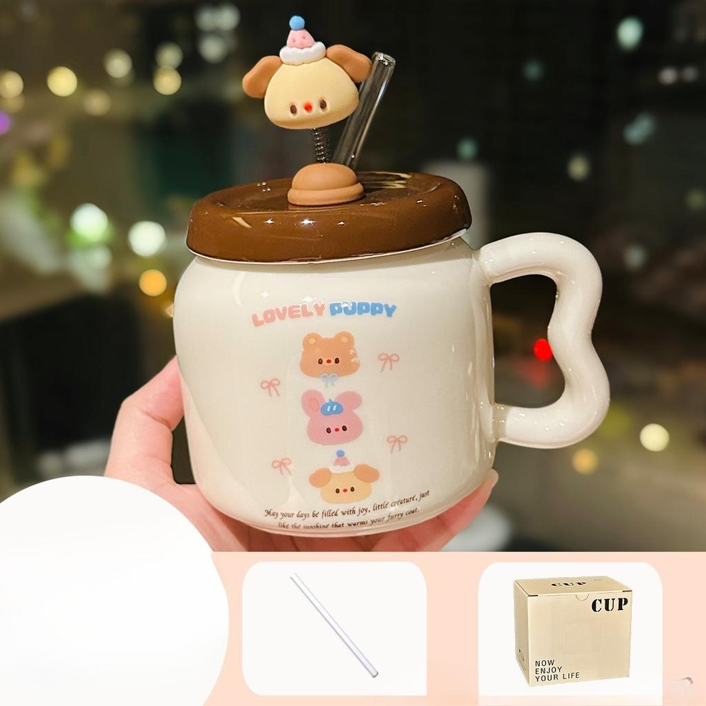 Creative Design Spring Puppy Ceramic Mug with Lid Cute Household Milk Oatmeal Cup Cartoon Cup Souvenir
