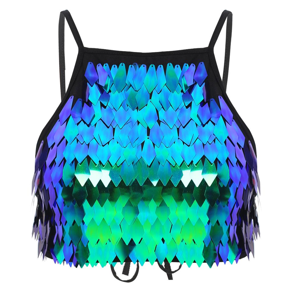Women Sequin Tassel Bra Top Spaghetti Straps Lace Up Back Crop Camisole Belly Dance Clubwear