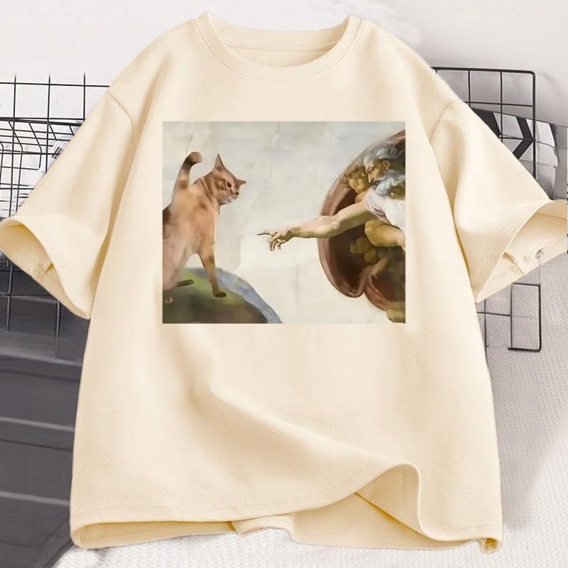 Grappig Kat God Schepping van Adam Meme T-shirt Dames Casuals Korte Mouw Jezus T-shirt Ronde Hals Tops