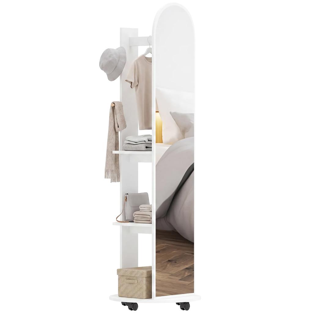 2-in-1 Full Length Mirror with Storage Shelves, Floor Mirror with 4 Wheels, Coat Rack, Hooks, White
