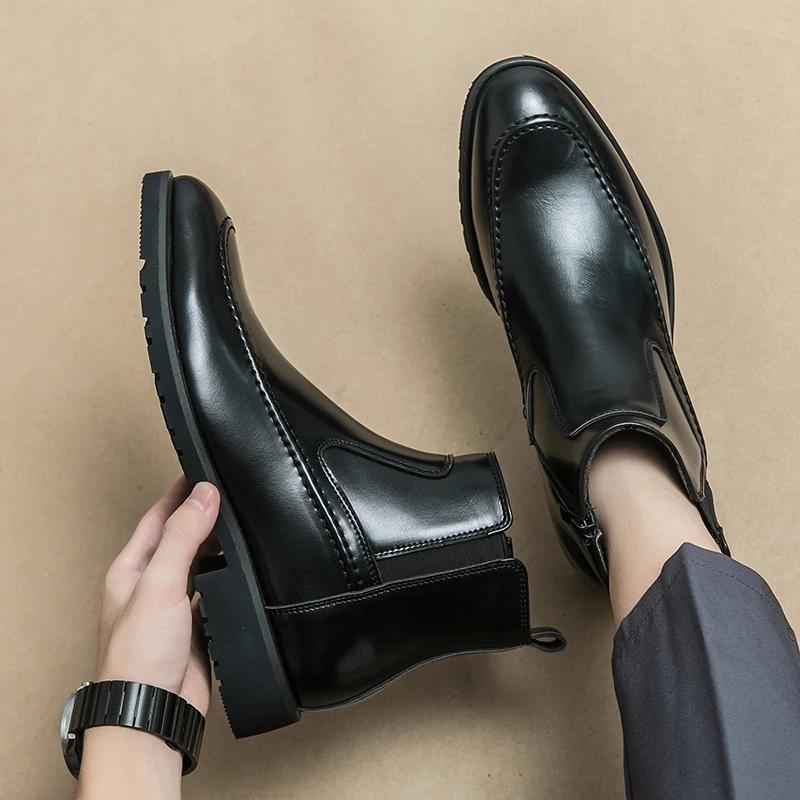 Fashion Brown Chelsea Boots Men Business Black Round Toe Zipper Slip-On Solid Men's Formal Boots  Size 38-46