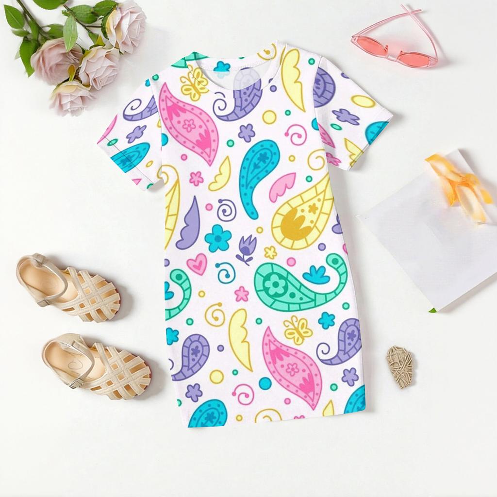 Girls Print Casual Dress Kids Loose Round Neck Short Sleeve Thin Sundress