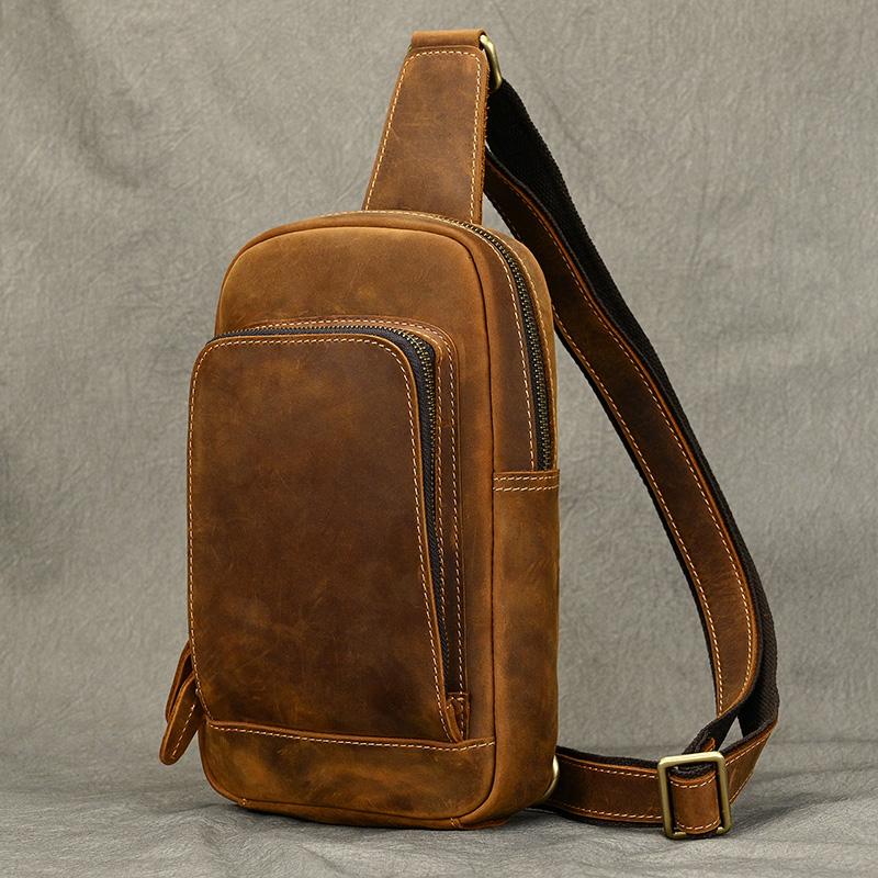 Simple Style Leather Chest Bag Crazy Horse Leather Retro Chest Pack Sling Bag Crossbody Chest Packs Thick Cowhide Men's Bags