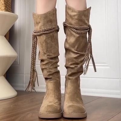 Retro Wasteland Fringed Knight Boots Women's 2025 Autumn New Thick Heel But Knee Boots Slim Pile Boots