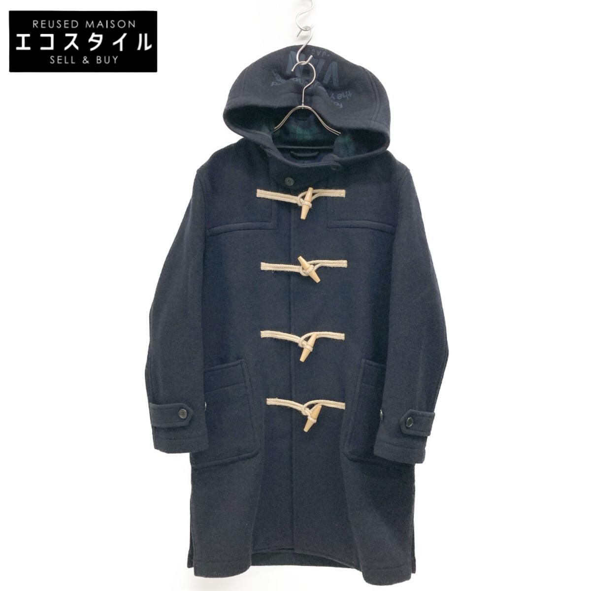 

VAN JACKET Navy KW-81504 Wool Blend Hooded Logo Duffle Coat coat L Navy Green CheckUsed