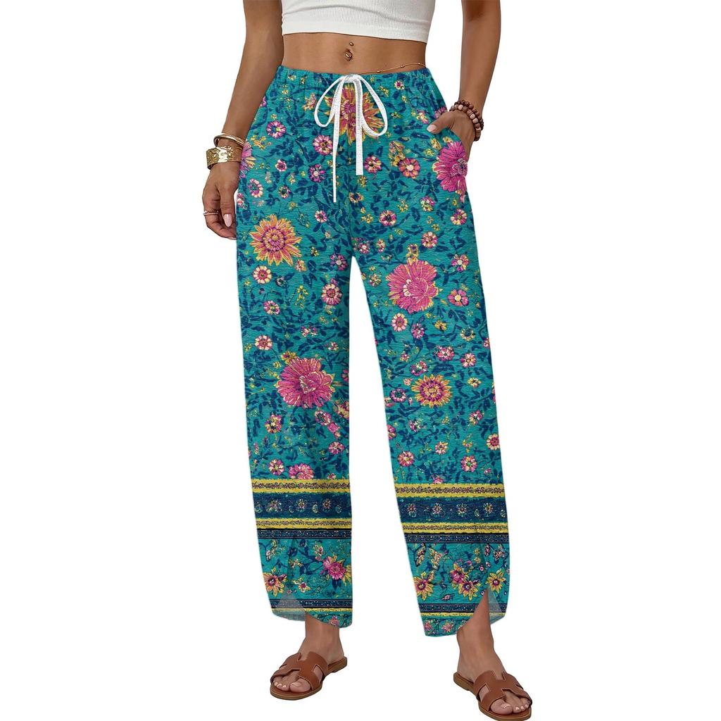 Women's Casual Wide Leg Drawstring Printed Pants with Loose Fit