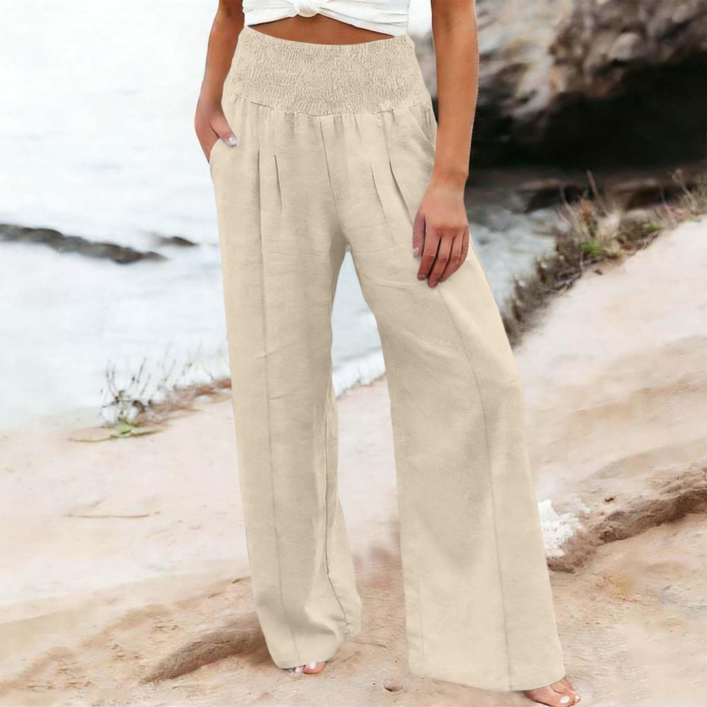 Women's Casual Fashion Cotton Linen Elastic Waist Pants With Pockets