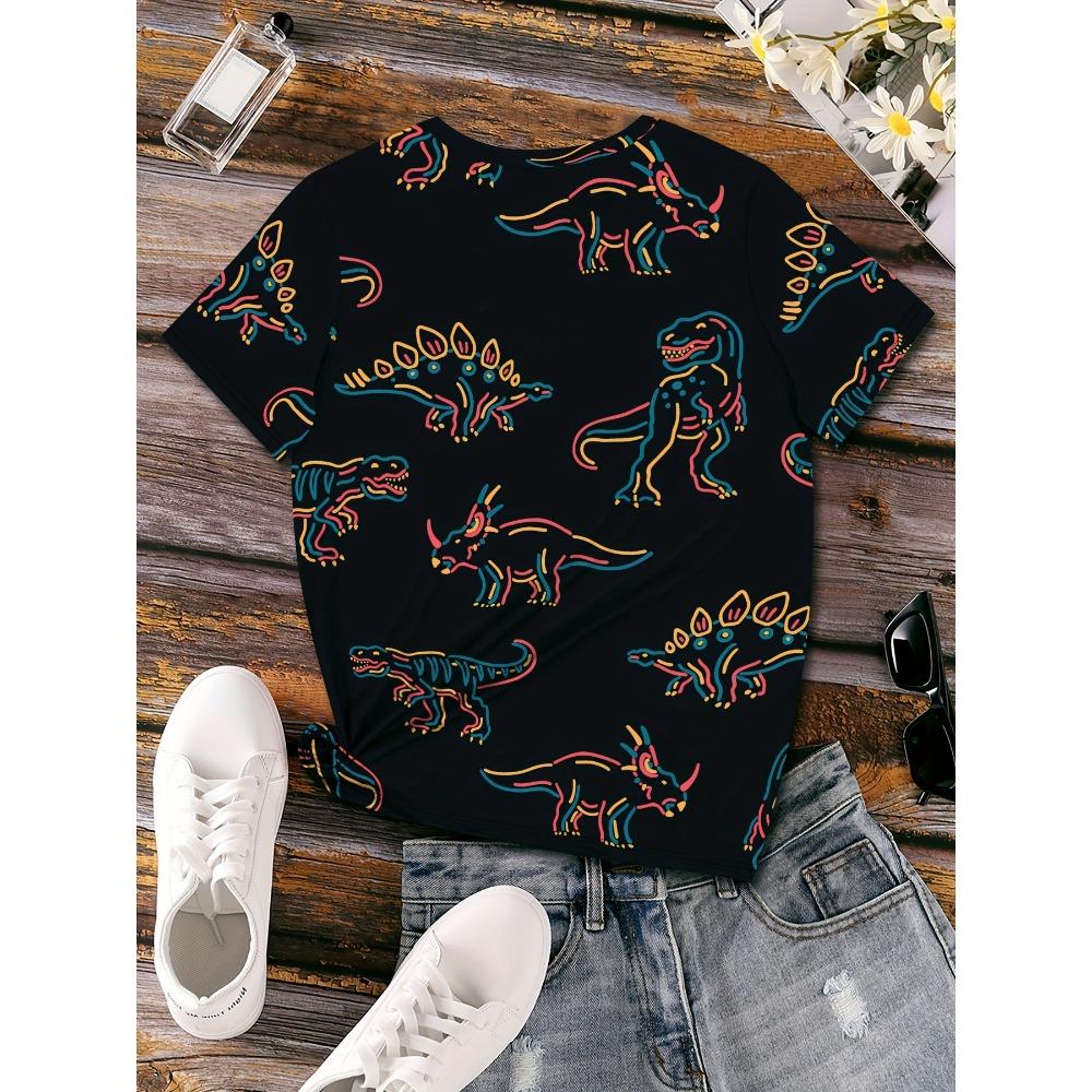 Novel Colorful Striped Animal Dinosaur Pattern, Fully Printed Breathable V-neck Short-sleeve T-shirt