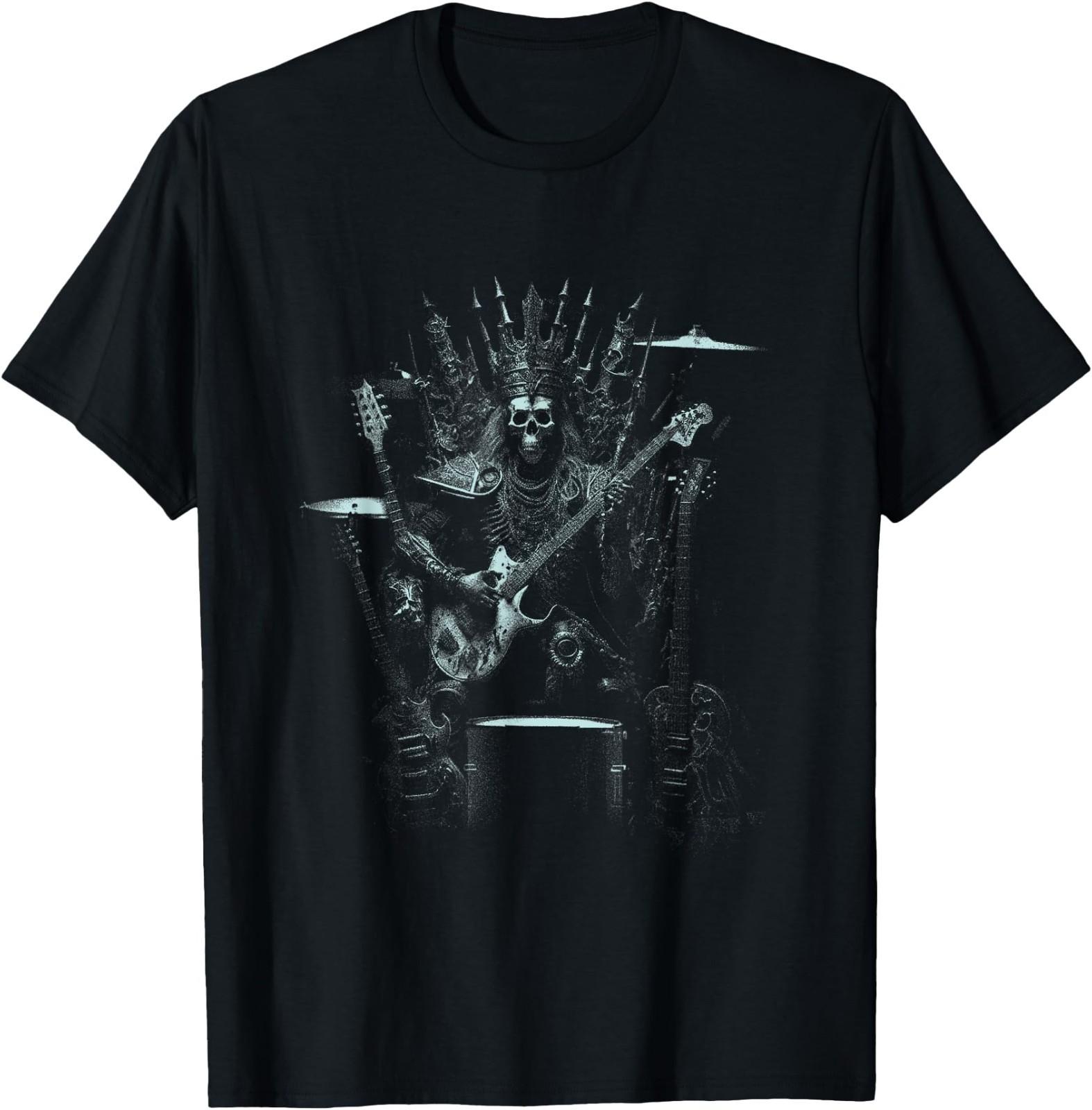 Halloween Skeleton Playing Guitar Throne Rock and Roll Band T-Shirt S