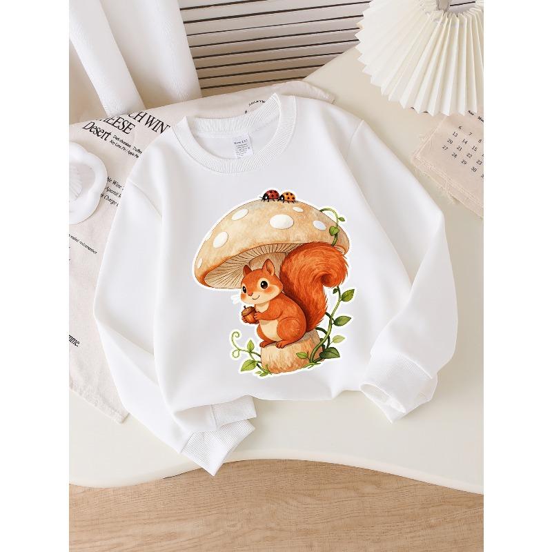 European sizes Girls' Soft Crewneck Sweatshirt Cute Squirrel Mushroom Ladybug Print, Casual All-Match, Ideal Holiday Present