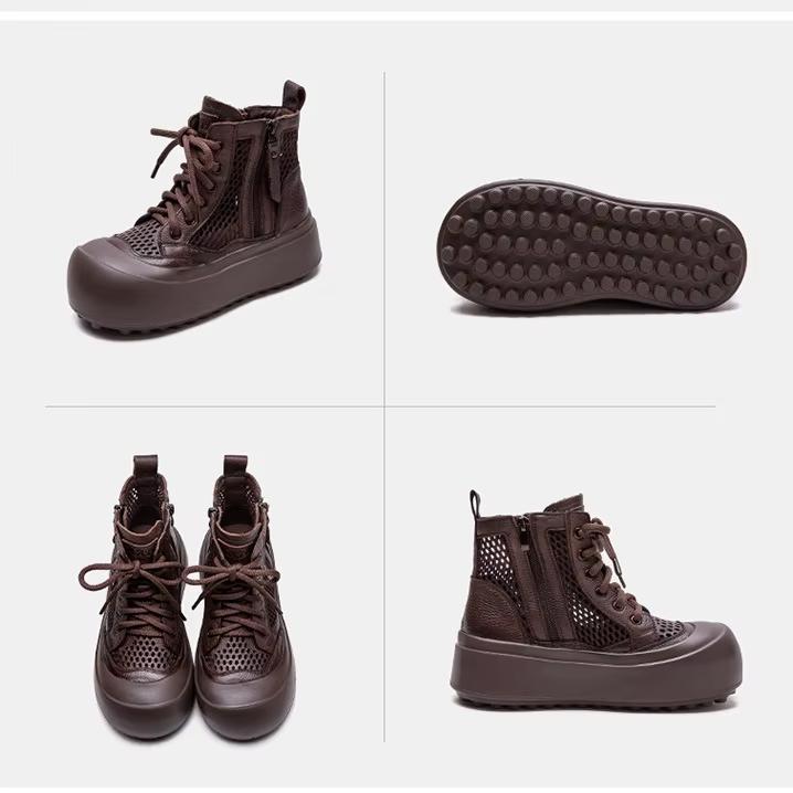 Johnature Retro Breathable Mesh Hollow Out Boots Genuine Leather Women's Flat Platform Shoes