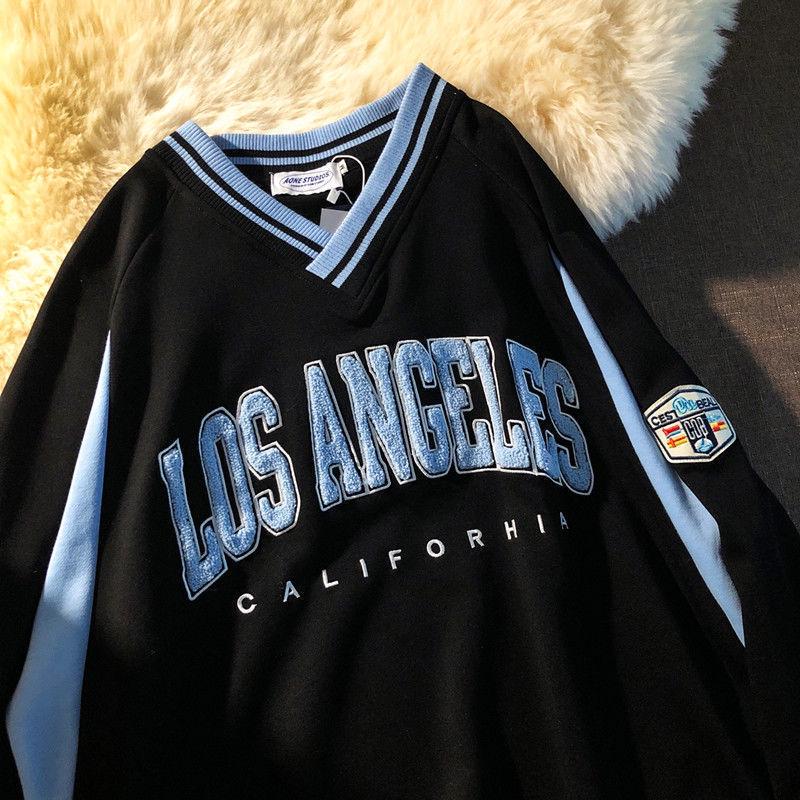 

Унисекс Ретро Толстовка с V-образным вырезом и вышивкой, Весна/Осень 2023, Корейский стиль, Свободный крой, Топ с длинным рукавом XXL чёрный