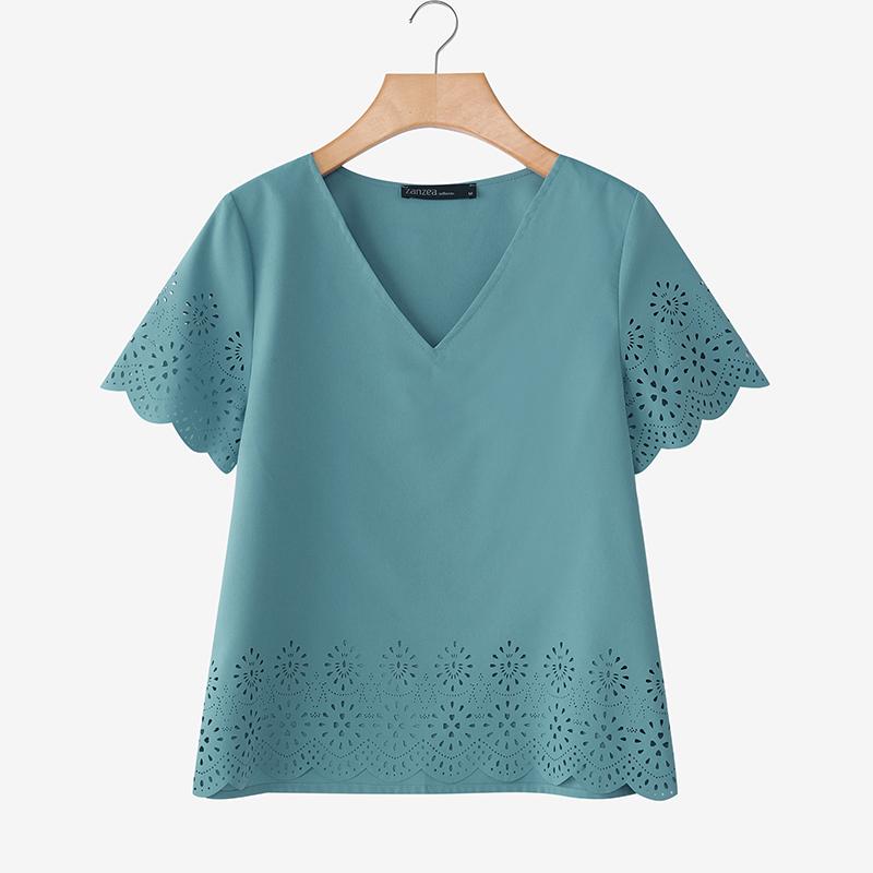 

ZANZEA Женская повседневная блузка с V-образным вырезом, летняя, свободного кроя, с коротким рукавом 4XL синий