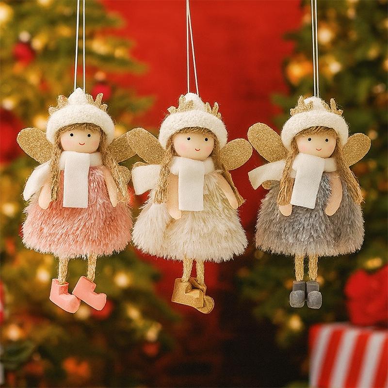 Christmas Tree Decoration Set Plush Girl Christmas Golden Ornaments Angel Xmas Party Keychain Santa Claus Snowman Hanging Decor