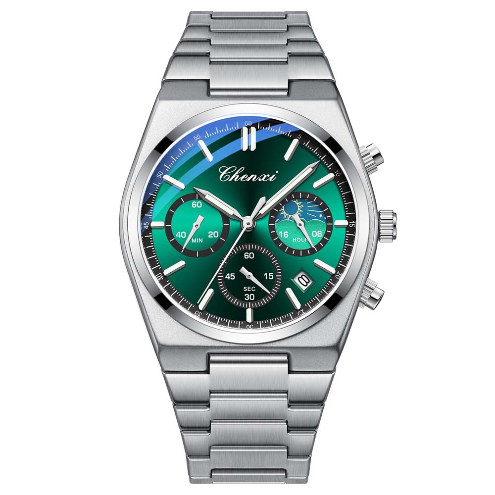 CHENXI Men's Multifunctional Watch Calendar Moon Phase Chronograph Stylish Stainless Steel Strap Luminous Waterproof Wristwatch