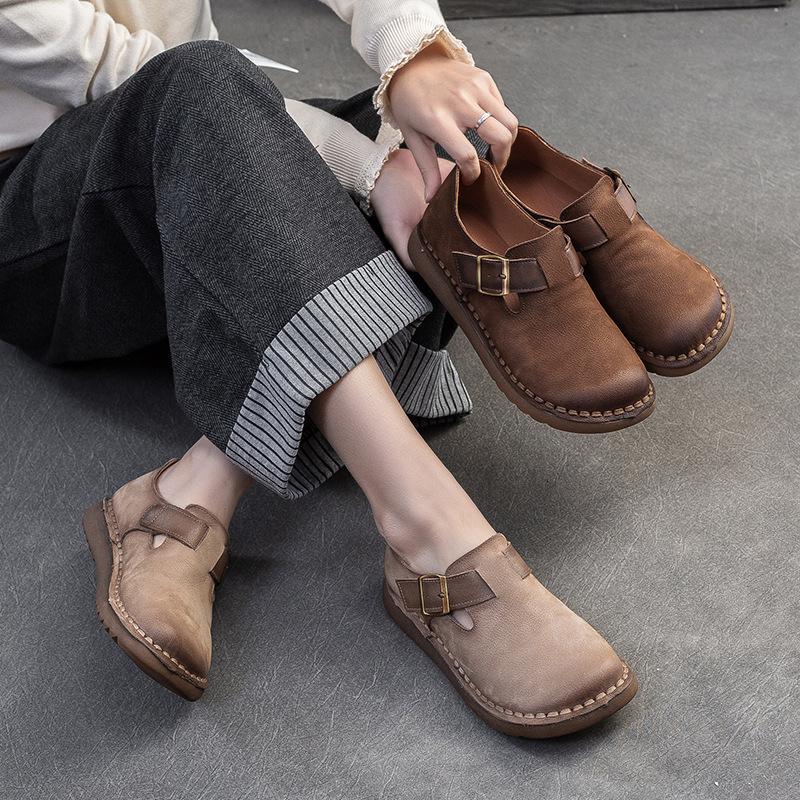 Fashion 3CM Handmade Genuine Leather Flat Shoes Women Retro Style Slip on Casual Loafers Soft Sole Literary Style Women Vulcanized Shoes