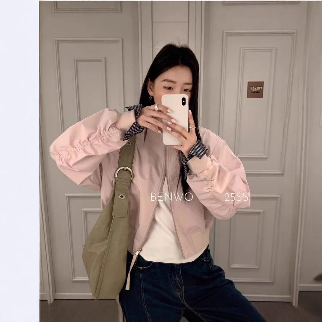 

Women s Plaid Patchwork Short Baseball Jacket - Spring/Autumn 2025 Petite Versatile Casual High-End Style Large світло-синій колір