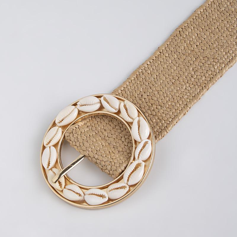Boho Belt Vacation Style Natural Round Buckle Shell Pp Grass Elastic Women's Belt