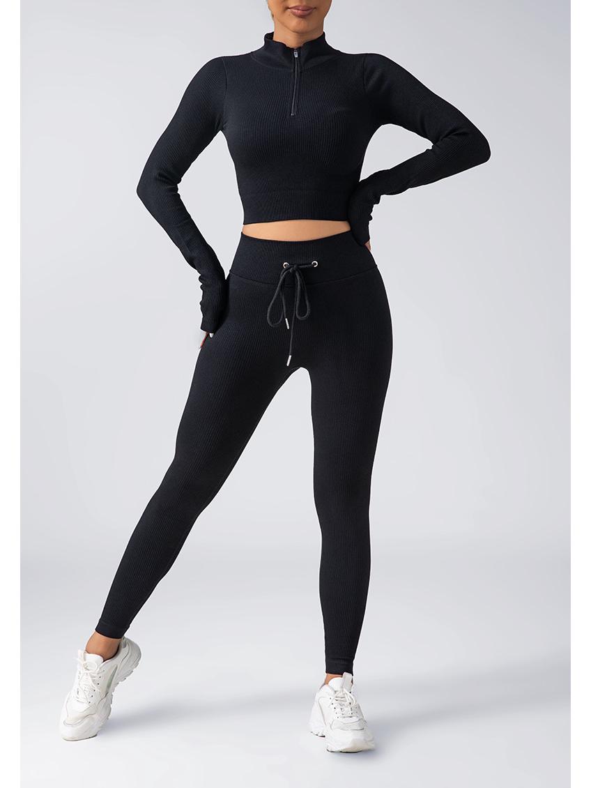 

Женский бесшовный комплект для фитнеса и йоги: Топ с длинными рукавами на молнии и брюки с завязками на бедрах Large