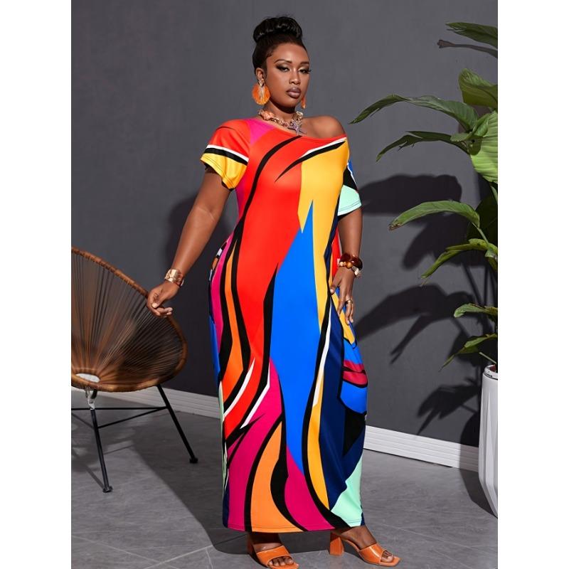 Plus Size Allover Print Dress, Casual Short Sleeve Crew Neck Maxi Dress For Spring & Summer, Women's Plus Size Clothing