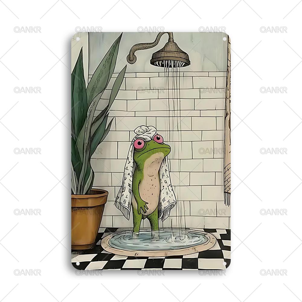 

Vintage Bathroom Decor Poster Metal Tin Sign Frog Showering With Towel Retro Metal Signs for Toilet Home Wall Decor Accessories 20x30cm（7.8x11.8inch）
