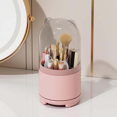 Cute Makeup Brush Holder Organizer with Lid, Rotating Dustproof Make Up Brushes Container with Clear Acrylic Cover