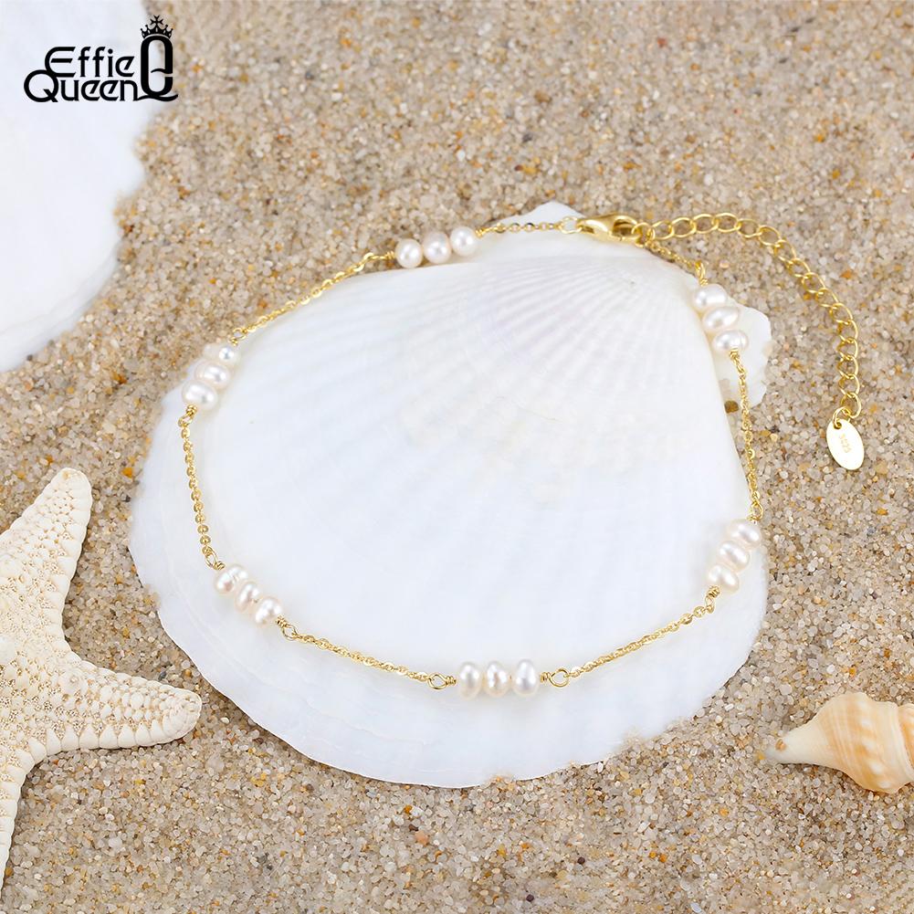 Effie Queen Fashion Natural Pearl Anklet S925 Silver Dainty Wear Pearls Foot Chain Jewelry Summer Accessories Holiday Gift SA36