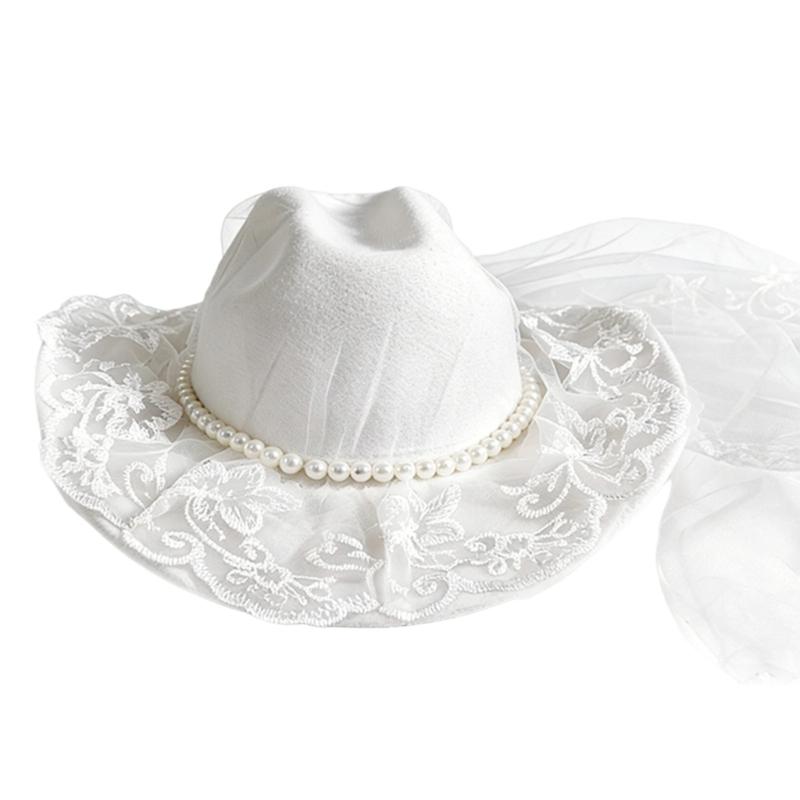 Stickerei Schleier Perlen Cowboyhut für Brauthochzeiten Zeremonie Fotoshootings Zubehör Besonderes Event Styling Kopfschmuck
