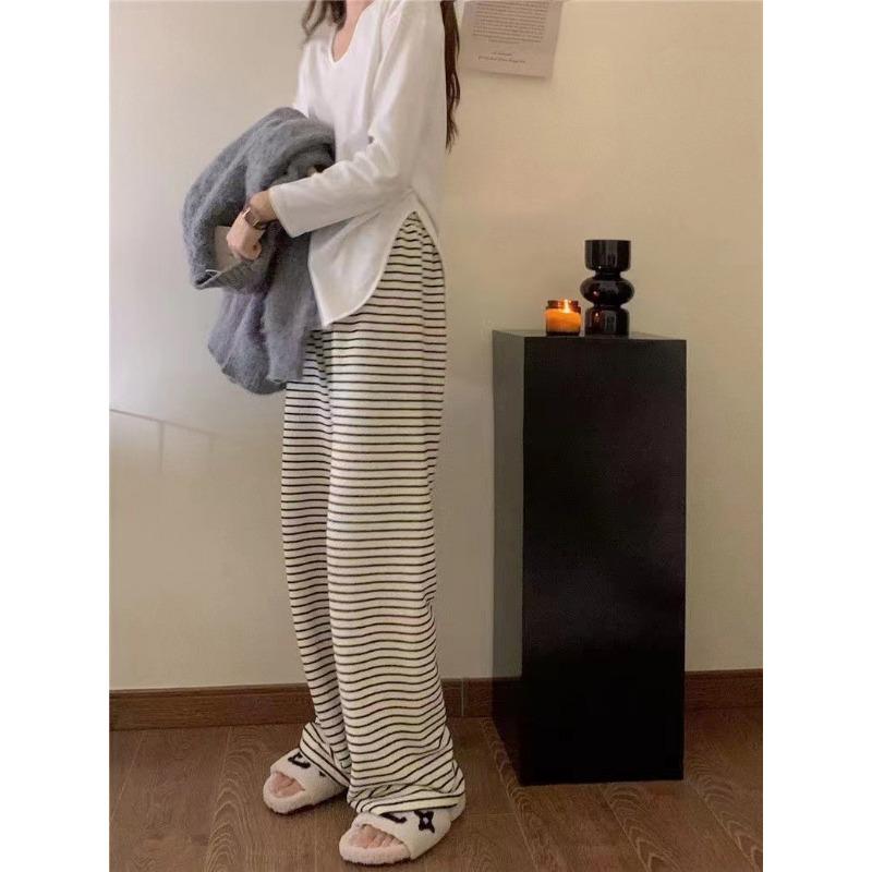 Lazy Wide Leg Pant Women's Spring Summer and Autumn Casual High-waisted Draped Striped Drag Floor Straight Trousers