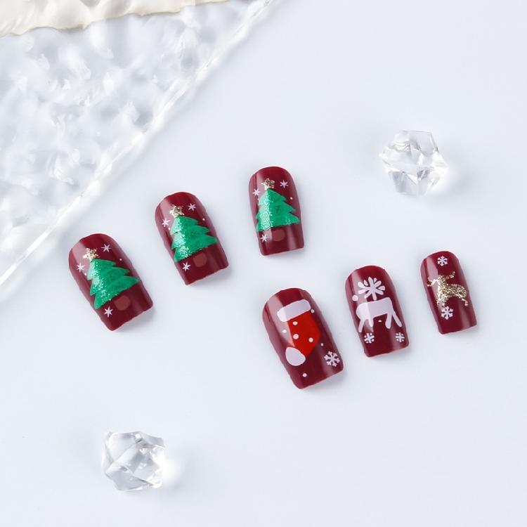 24Pcs Christmas Themed Press on Tips Gold Foil Striped Christmas Snowflake Design Short Square Artificial Nail Tips