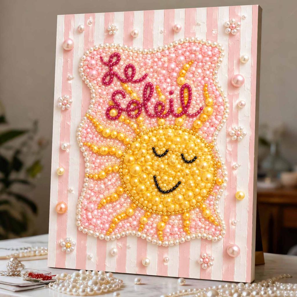 Unique 5D Framed Pearl Painting Kit with Cute Sun Le Soleil Pattern Sparkling Bead Art Canvas DIY Handmade Craft for Living Room Decor