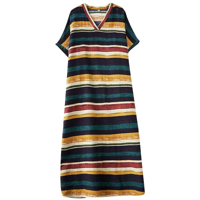 Real Summer New Cotton and Linen Printing V-neck Loose Large Size Simple Holiday Style Long Skirt Women's Beach Skirt Thin
