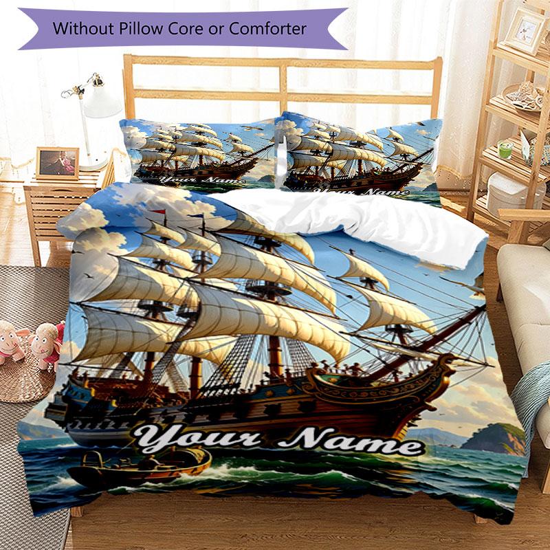3PC Custom Name Adventure High Seas Bedding Set Duvet Cover Closure Includes 1 Duvet Cover & 2 Pillowcases for Bedroom