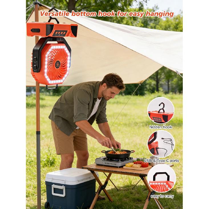 20000mAh Rechargeable Remote Control Camping Fan | Portable Outdoor Tent Fan with Hook and Light