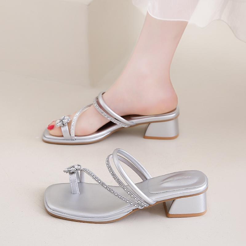 

Fashion CRLAYDK Women s Square Open Toe Low Heeled Slide Sandals Rhinestone Strap Flip Flops Slip On Mules Comfort Dressy Slippers 40